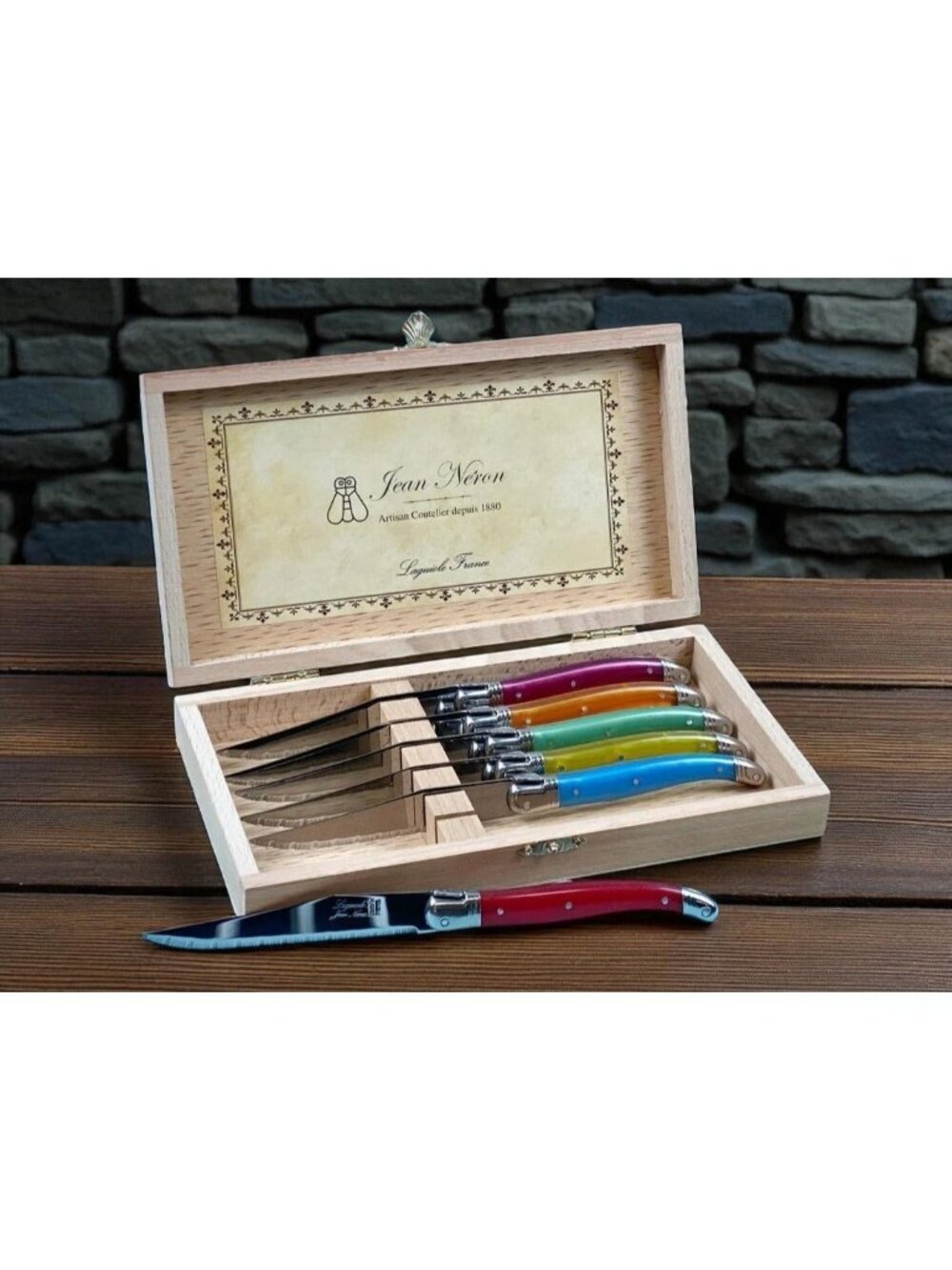 Laguiole Jean Néron 6 Piece Steak Knife Set, Rainbow Wood Presentation Box - NIB